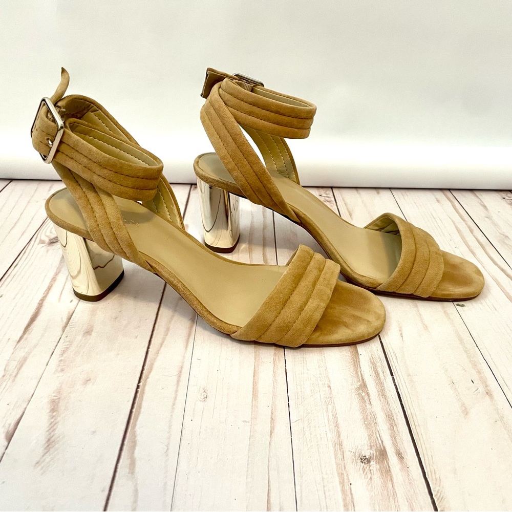 Ann Taylor Tan Suede Strappy Gold Block Heeled Sandals 7